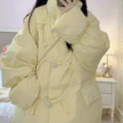 黄色九江羽绒棉服女2023新款冬季韩系牛角扣棉衣外套宽松加厚棉袄