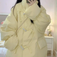黄色九江羽绒棉服女2023新款冬季韩系牛角扣棉衣外套宽松加厚棉袄