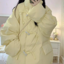 黄色九江羽绒棉服女2023新款冬季韩系牛角扣棉衣外套宽松加厚棉袄